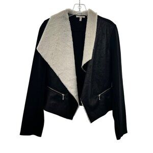 Maurices Faux Fur Collar Jacket Open Front Zip Pockets Black/Ivory Size Medium